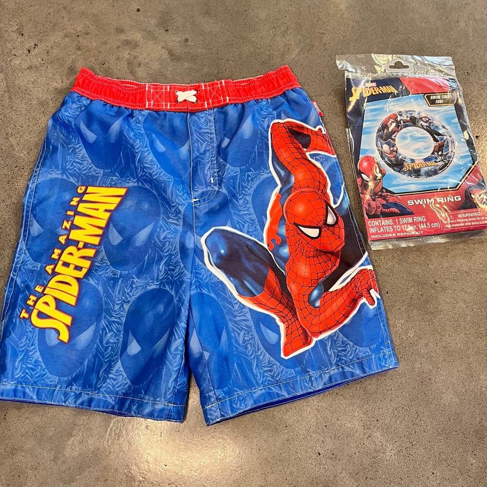 Spiderman blue red swim trunks shorts inflatable swim ring float boys size 7 set
